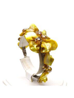 Vintage Beachy Abalone Cuff Bracelet with Dyed Yellow Shell Flower and Crystals